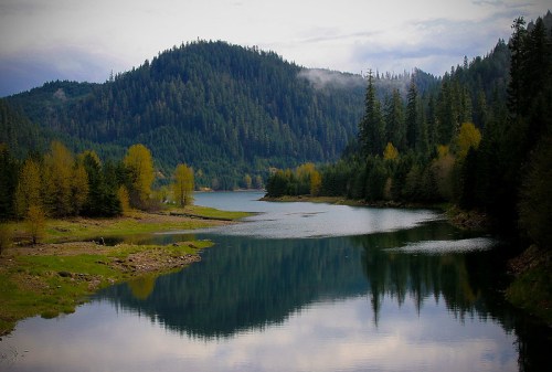 A serene lake surrounded by lush green hills and trees, reflecting the landscape in calm waters under a cloudy sky.