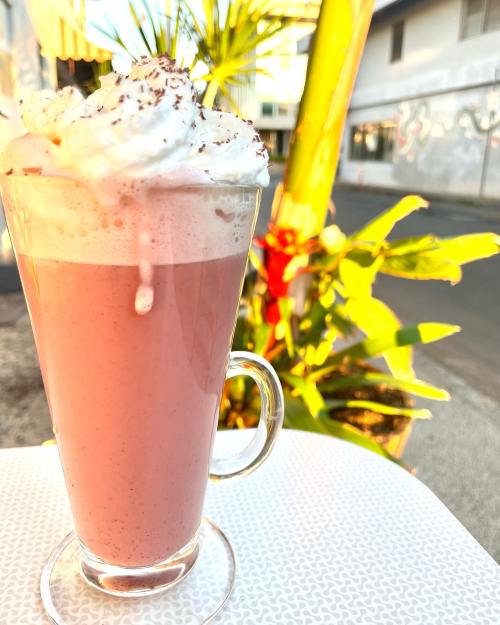 A glass of pink beverage topped with whipped cream and chocolate shavings, with greenery in the background.
