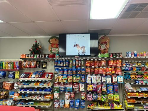 A convenience store display with snacks and drinks, featuring a TV showing a drawing of a horse and festive decorations.