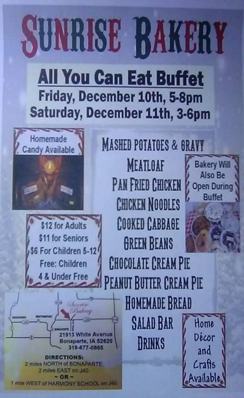 A flyer for Sunrise Bakery's all-you-can-eat buffet with menu items, prices, and event details.