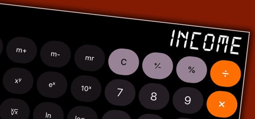 Calculator displaying the word "INCOME" with various function buttons and numbers on a dark background.