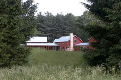 A red house surrounded by tall trees and grass, with a chimney and a metal roof, set in a natural landscape.