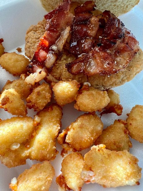 A close-up of a sandwich with crispy bacon and a side of golden, fried tater tots on a white plate.