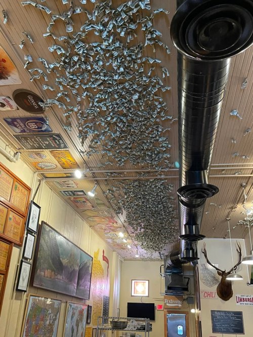 A ceiling adorned with numerous silver spoons, creating a unique and whimsical decor in a cozy interior space.