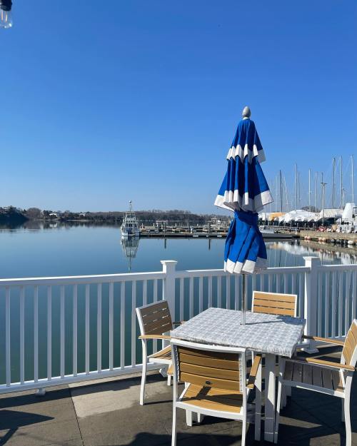 A serene waterfront view featuring a table with a blue and white umbrella, boats in the distance, and clear blue skies.