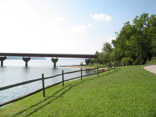 A serene lakeside view with a bridge, green grass, and trees under a clear blue sky.