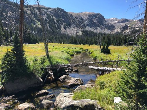 A serene landscape featuring a stream, grassy meadow, and mountains under a clear blue sky.