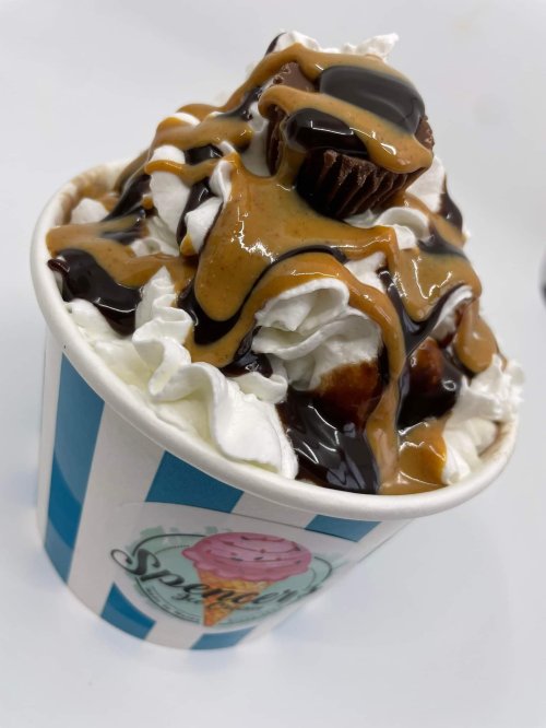 A cup of ice cream topped with whipped cream, chocolate syrup, peanut butter, and a peanut butter cup.