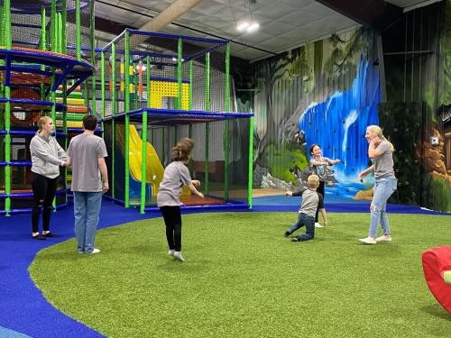 A group of children and adults play in a colorful indoor playground with climbing structures and a grassy area.