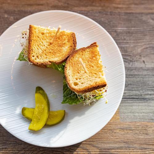 Two halves of a sandwich with sprouts and lettuce on a white plate, accompanied by two pickle slices.
