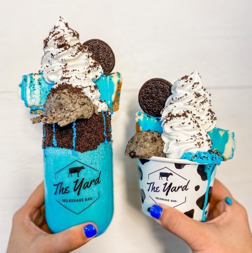 Two colorful milkshakes topped with whipped cream, cookies, and sprinkles, held in hands.