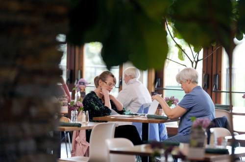 Two women sit at tables in a cafe, focused on their activities, surrounded by greenery and soft lighting.