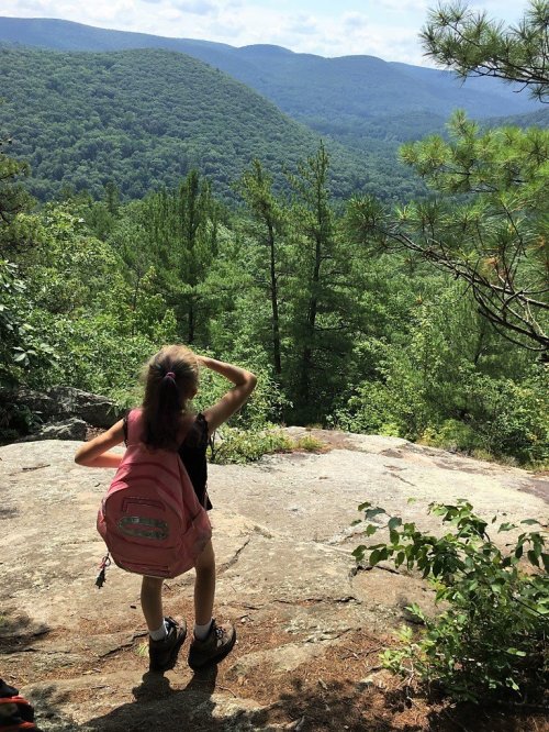 A child with a pink backpack stands on a rocky ledge, gazing at a lush green mountain landscape.