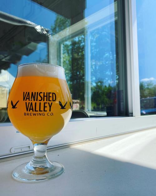 A glass of beer with the label "Vanished Valley Brewing Co." sits on a table by a window, with trees visible outside.