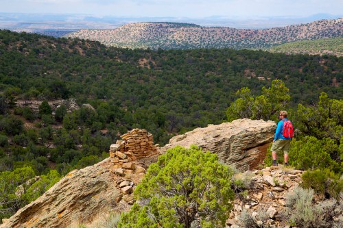 A hiker with a red backpack stands on a rocky ledge, overlooking a vast green landscape and distant hills.