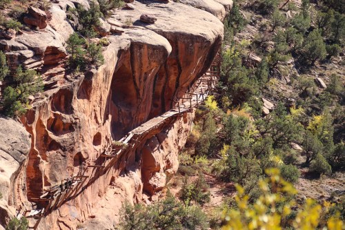 A wooden bridge spans a rocky cliff, surrounded by trees and rugged terrain in a scenic landscape.