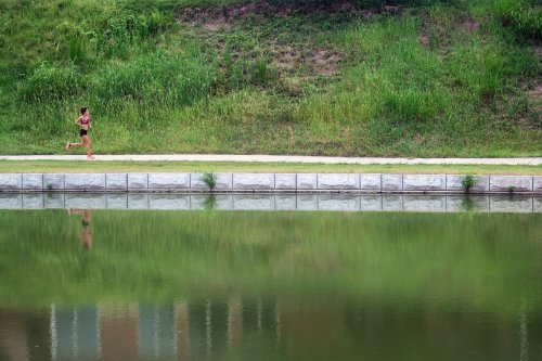 A person jogs along a path beside a calm, reflective body of water, surrounded by lush green grass.