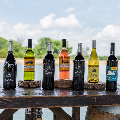 A selection of wine bottles on a wooden table by a lake, featuring red, white, and rosé varieties under a blue sky.