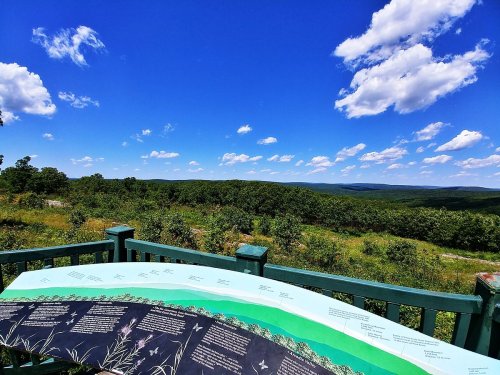 A scenic view of rolling hills under a blue sky with clouds, featuring an informational display in the foreground.