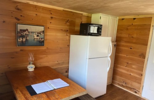 Cozy cabin interior with wooden walls, a table, a white fridge, a microwave, and a framed boat painting.