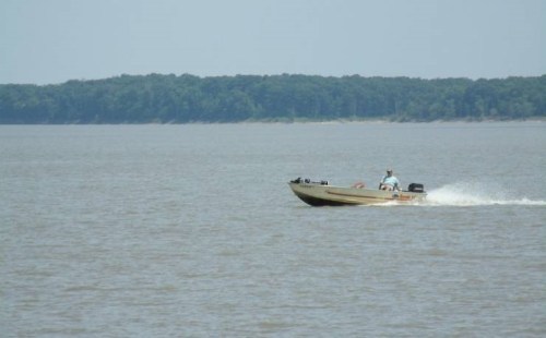 A small boat speeds across a calm lake, with trees lining the distant shore under a clear sky.