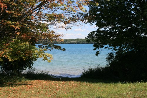A serene lake view framed by trees with autumn leaves, under a clear blue sky.