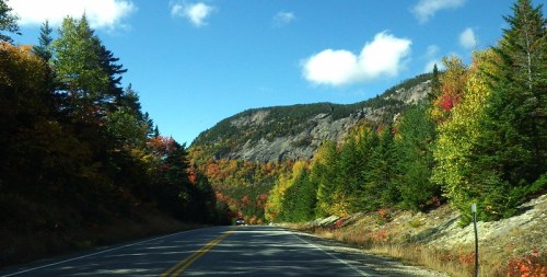 A scenic road surrounded by vibrant autumn foliage and mountains under a clear blue sky.