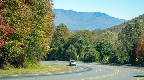 A winding road surrounded by colorful autumn trees, with mountains in the background under a clear blue sky.