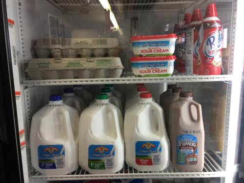 Refrigerator shelf with milk jugs, sour cream, eggs, and whipped cream.