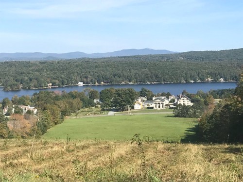 A scenic view of a lake surrounded by green hills and a small town with houses near the water.