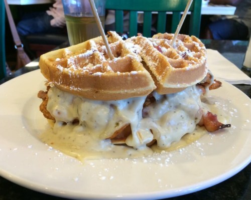 A plate featuring a waffle sandwich filled with fried chicken and covered in creamy gravy, dusted with powdered sugar.