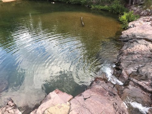 A serene pond with rippling water, surrounded by rocky edges and lush greenery. A small waterfall cascades into the pond.