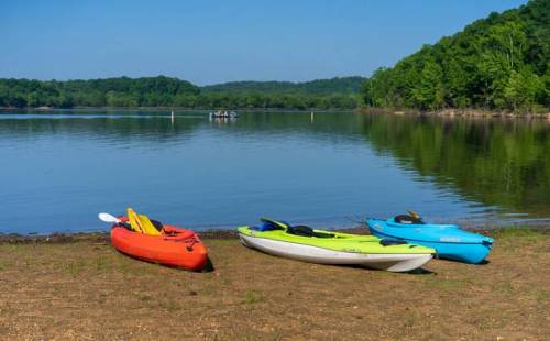 Three kayaks in vibrant colors rest on a sandy shore by a calm lake, surrounded by lush greenery and blue skies.