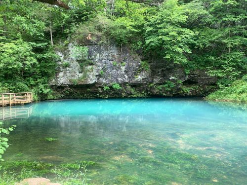 A serene turquoise pond surrounded by lush green trees and rocky cliffs, reflecting the natural beauty of the area.