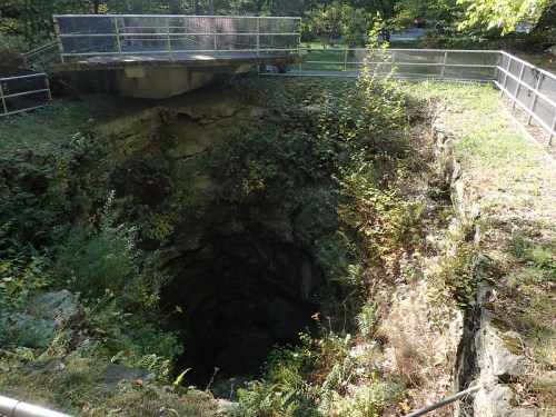 A deep, circular sinkhole surrounded by greenery and a metal railing, with a viewing platform above.