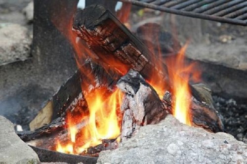 A close-up of a campfire with flames rising from logs, surrounded by stones.