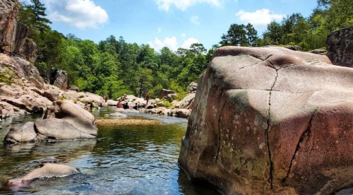 A serene river scene with large rocks and lush greenery under a bright blue sky.