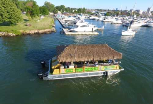 A tiki boat with a thatched roof floats in a marina surrounded by yachts and green trees.