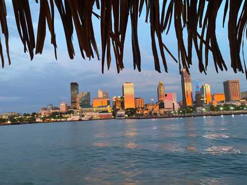 View of a city skyline at sunset, framed by a thatched roof, reflecting warm colors on the water.