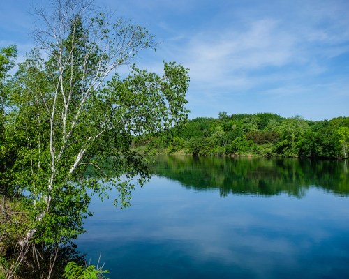 A serene lake surrounded by lush greenery and trees under a clear blue sky. Reflections shimmer on the water's surface.
