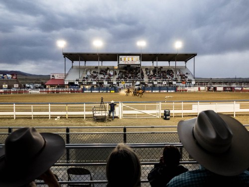 A rodeo event under cloudy skies, with spectators in cowboy hats watching from the stands.