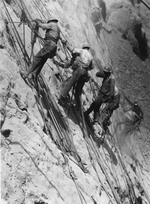 Workers climbing a steep rock face, using ropes and harnesses, in a black and white historical photograph.