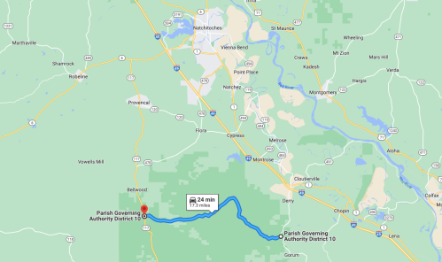 Map showing directions to Parish Governing Authority District 10, with a route highlighted and estimated travel time.