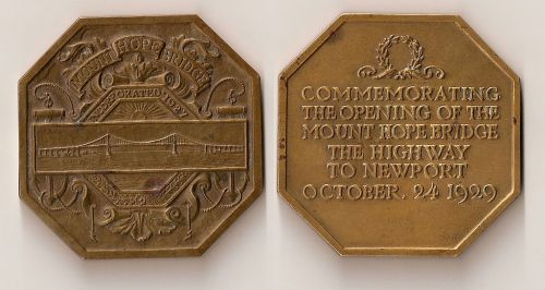 Bronze medallion commemorating the opening of Mount Hope Bridge, October 24, 1929, featuring a bridge illustration.