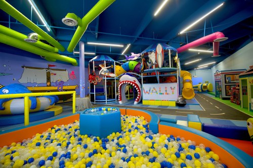 Colorful indoor play area featuring a ball pit, climbing structures, and vibrant decorations.