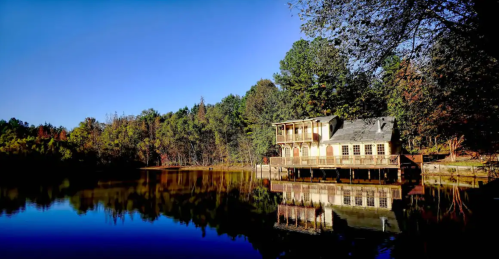 A serene lake scene featuring a wooden house reflecting on calm water, surrounded by trees under a clear blue sky.