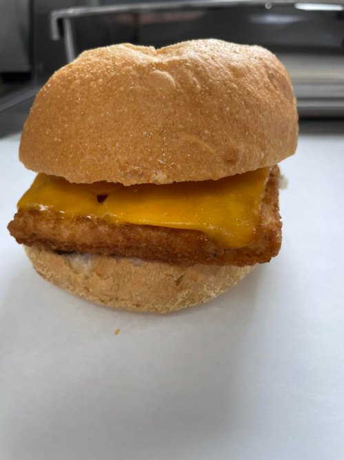 A sandwich featuring a crispy fried patty and a slice of melted cheddar cheese in a whole grain bun.