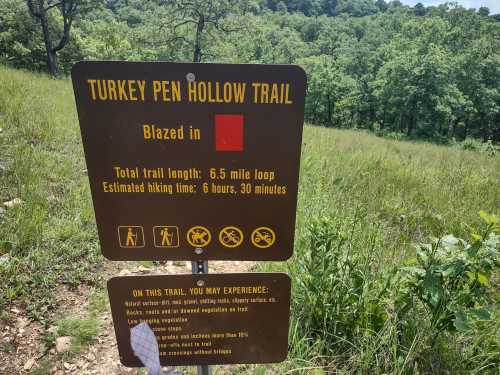 Sign for Turkey Pen Hollow Trail, detailing a 6.5-mile loop with an estimated hiking time of 6 hours, 30 minutes.