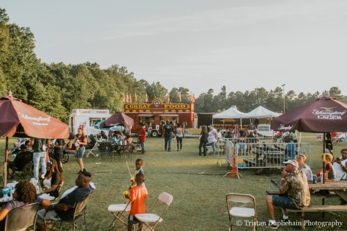 A lively outdoor festival scene with food stalls, tents, and people enjoying the event in a grassy area.