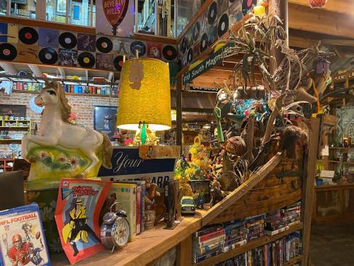 A cozy vintage shop filled with eclectic decor, toys, records, and a whimsical unicorn statue.